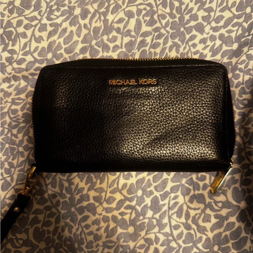 Michael Kors Black Pebbled Leather Wristlet with Gold Hardware
